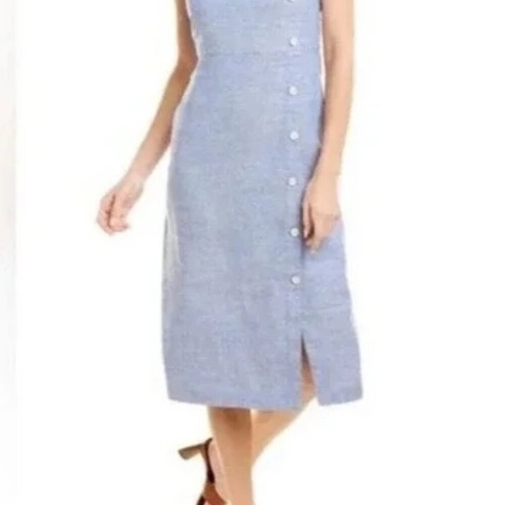 J. Mclaughlin Leah Dress Linen Square Neck Sleeveless Midi Blue Size 2 Preppy